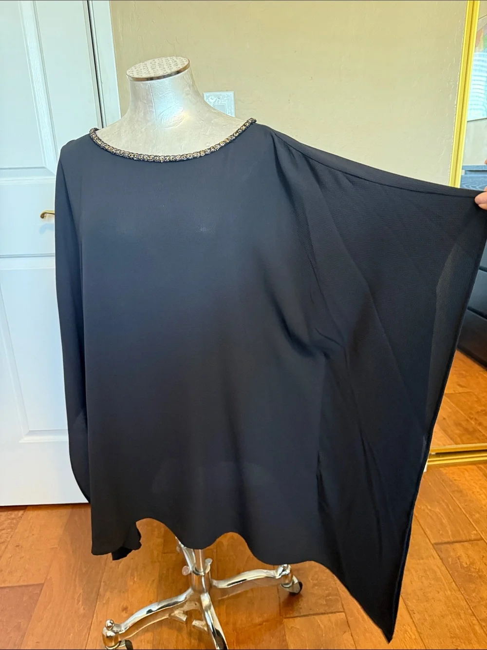 Michael Kors Gold Chain Neck Sheer Overlay Poncho Blouse Black IX